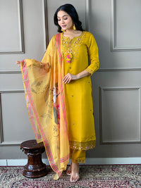 Mustard Embroidered Chanderi Fabric Straight Kurta, Pant and Dupatta Set