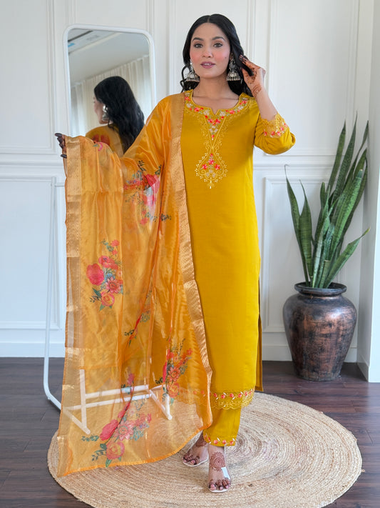 Yellow Women's Roman Silk Embroidered Straight Kurta, Pant and Dupatta Set
