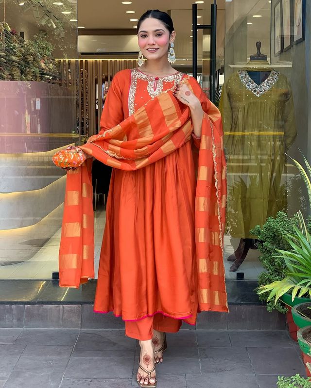 Rust Color Ethnic Cotton Silk Fabric Readymade Kurta Set With Dupatta