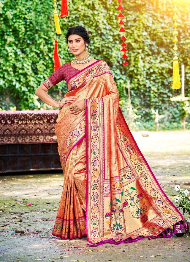 Orange Color Silk Blended Woven Designer Ethnic Partywear Saree