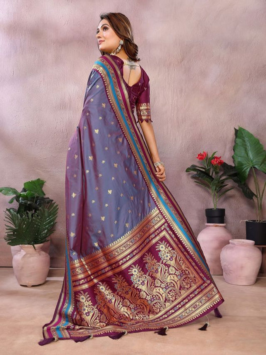 Lavender Color Handloom Silk Fabric Jacquard Weaving Designer Partywear Saree