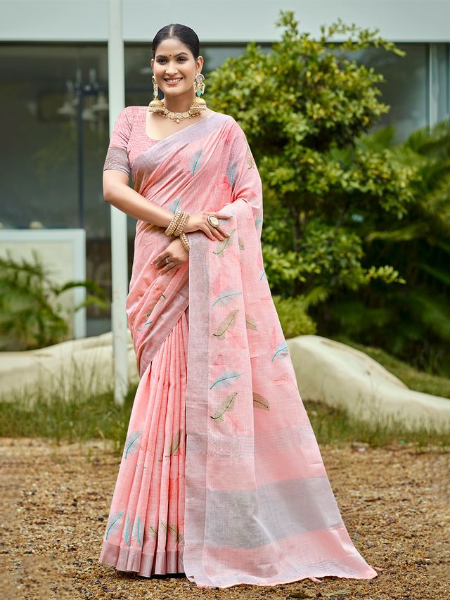 Peach Color Beautiful Rich Looks Designer Linen Fabric Ceremonial Saree