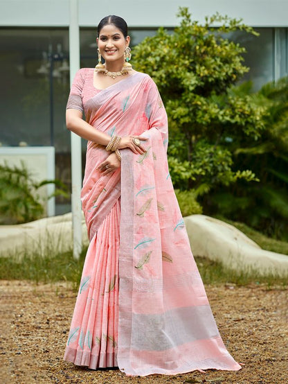 Peach Color Beautiful Rich Looks Designer Linen Fabric Ceremonial Saree