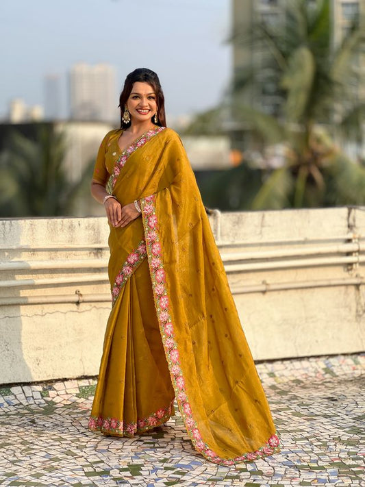 Mustard Color Crush Silk Fabric Designer Embroidered Wedding Special Saree