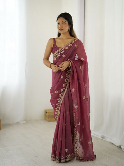 Onion Color Crunchy Fabric Beautiful Partywear Saree For Girlie Looks
