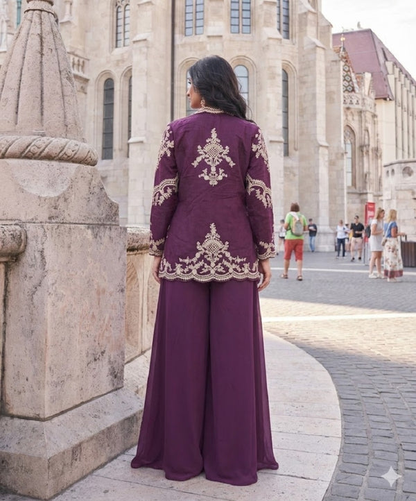 Elegant Wine Indo-Western Palazzo Set for Wedding Wear