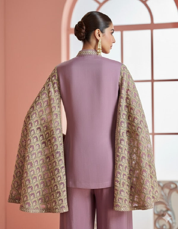Women Mauve & Gold Printed Cape Style Kurta with Flared Palazzo Pants