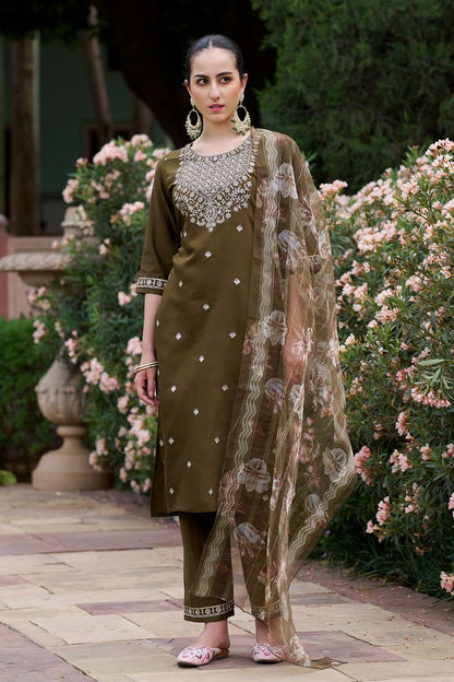 Mahendi Color Viscose Rayon Fabric Beautiful Embroidered Kurta Set With Dupatta