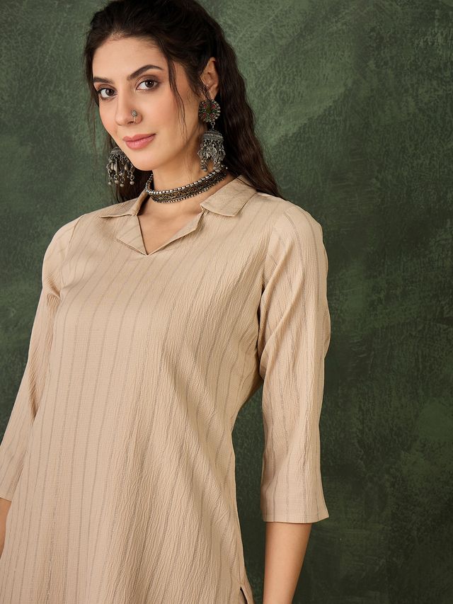 Cream Color Cotton Silk Blend Beautiful Stylish Tendy Top Bottom Set