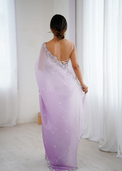 Lavender Color Chiffon Crush Fabric Beautiful Sophisticated Work Ceremonial Saree