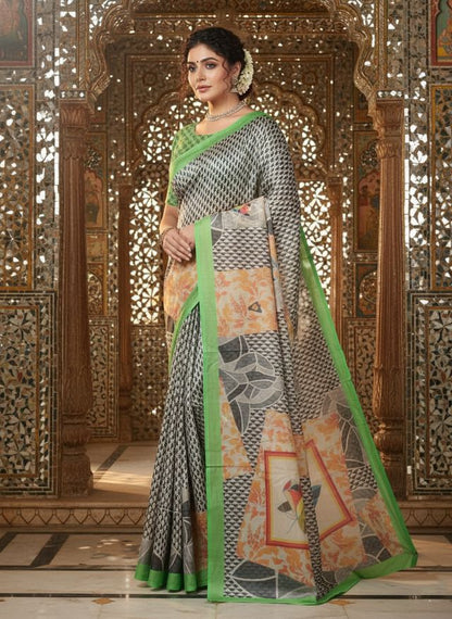 Green Color Crepe Silk Fabric Designer Digital Printed Ethnic Festive Saree