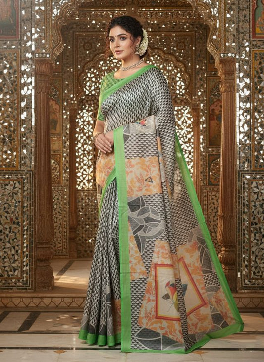 Green Color Crepe Silk Fabric Designer Digital Printed Ethnic Festive Saree