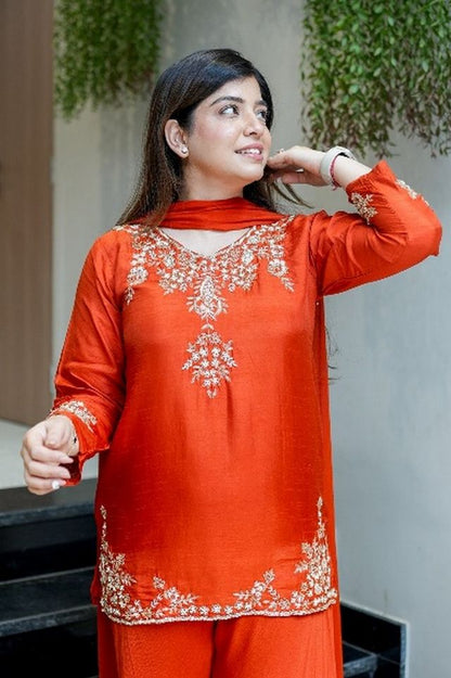 Orange Color Natural Crepe Fabric Beautiful Partywear Dress For Girls