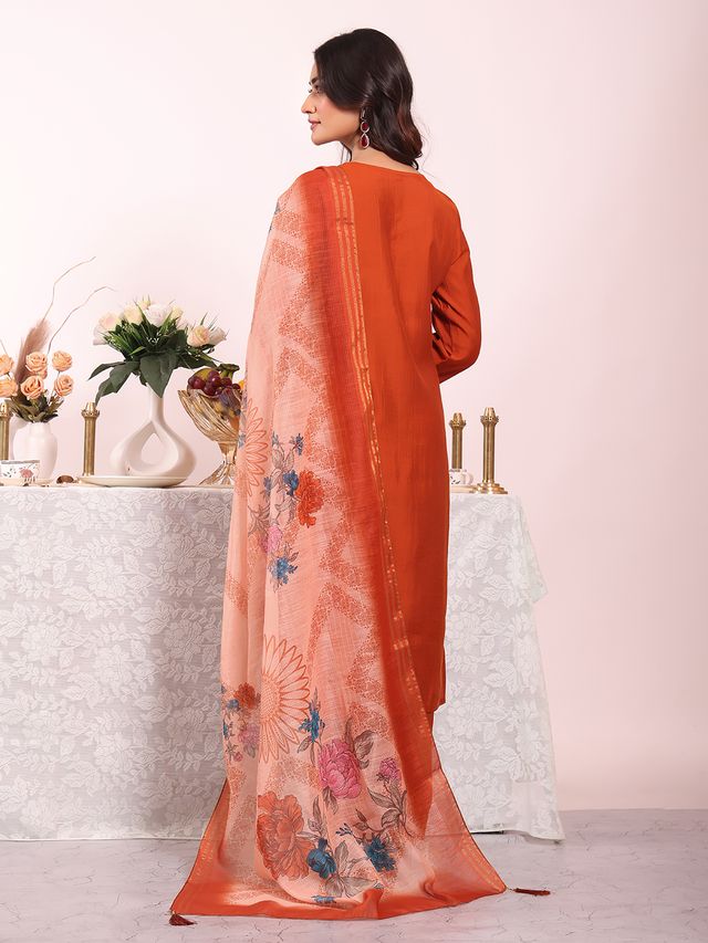 Rust Color Poly Silk Fabric Smart Ethnic Partywear Kurta Set