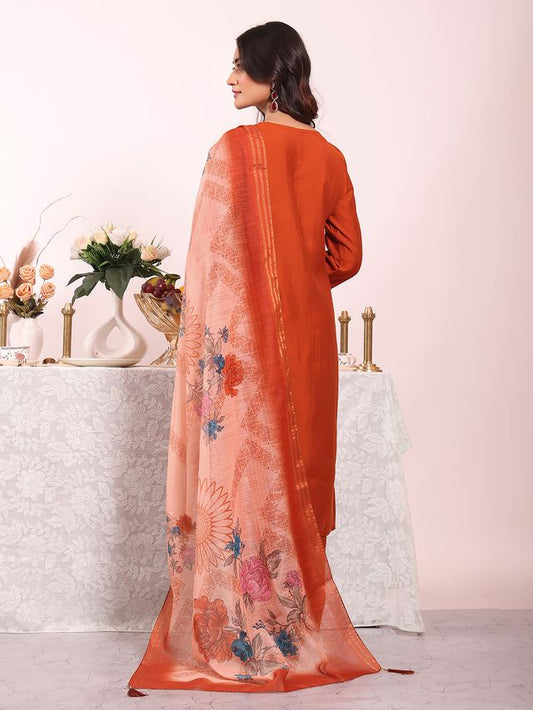 Rust Color Poly Silk Fabric Smart Ethnic Partywear Kurta Set