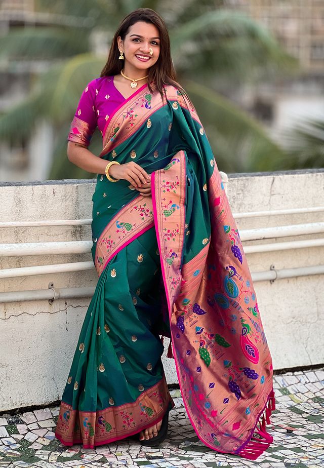Rama Color Soft Silk Fabric Woven Meenakari Designer Ethnic Partywear Saree