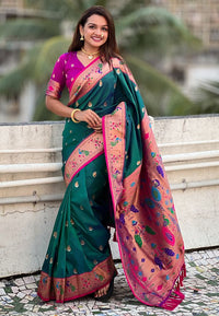 Rama Color Soft Silk Fabric Woven Meenakari Designer Ethnic Partywear Saree