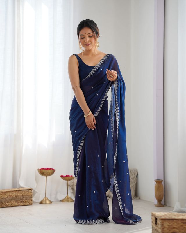 Blue Color Beautiful Fancy Partywear Fendy Satin Saree