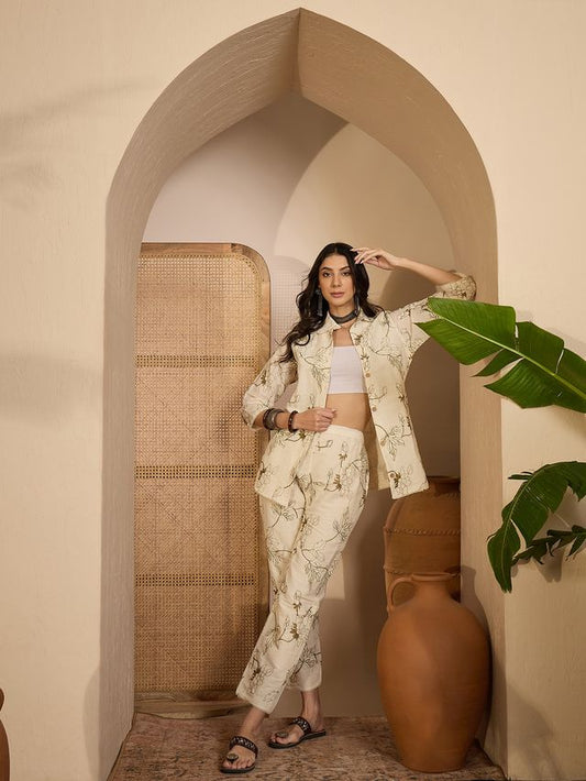 Beige Color Khadi Silk Fabric Designer Embroidered Co-ord Set 4149
