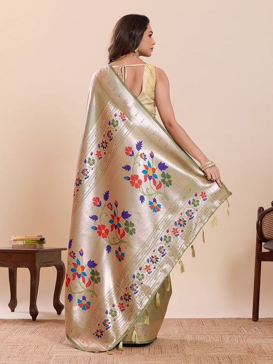 Pista Color Beautiful Soft Silk Fabric Woven Designer Saree