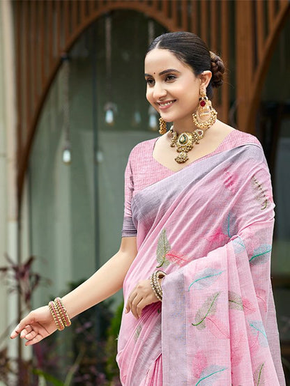 Pink Color Beautiful Rich Looks Designer Linen Fabric Ceremonial Saree