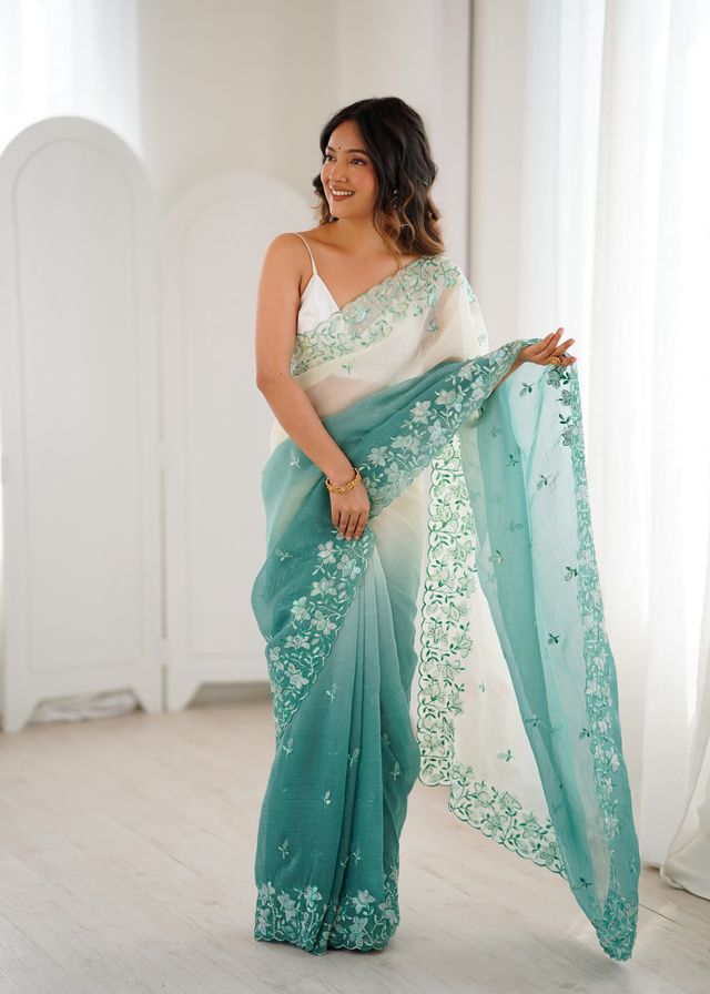 Rama Color Crunchy Fabric Beautiful Sequins Work Bollywood Style Ceremonial Saree