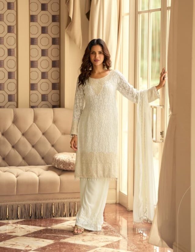 White pure geogette full stitched suit Free Size upto 42