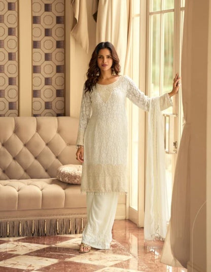 White pure geogette full stitched suit Free Size upto 42