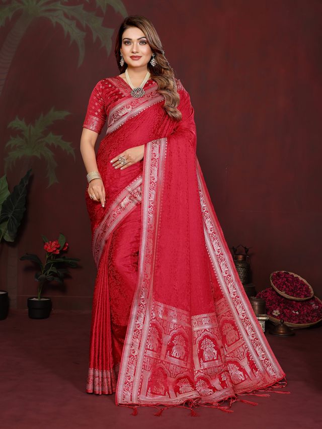 Red Color Satin Silk Fabric Woven Jari Designer Sophisticated Saree