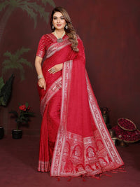 Red Color Satin Silk Fabric Woven Jari Designer Sophisticated Saree