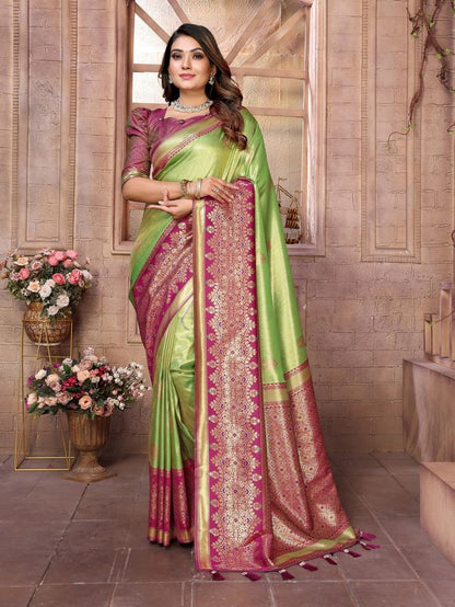 Pista Color Banarasi Tissue Silk Ethnic Jacquard Weving Designer Ceremonial Saree