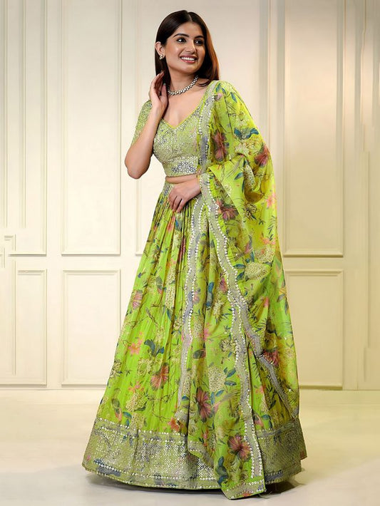 Parrot Green Color Organza Fabric Designer Bollywood Looks Lehenga Choli