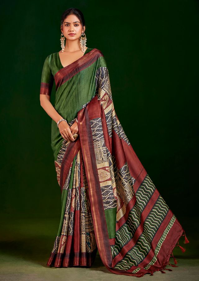 Mahendi Color Gathan Silk Fabric Designer Digital Printed Partywear Saree