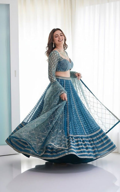 Embroidered Wedding Lehenga Set for Women HKV-003380 BLUE