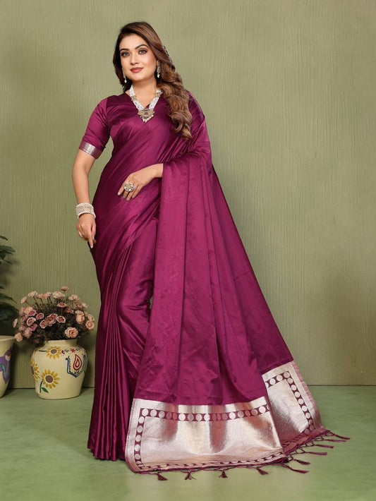 Purple Color Satin Silk Fabric Ethnic Woven Lagdi Pallu Designer Saree