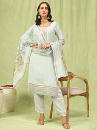 Grey Color Viscose Roman Silk Fabric Designer Embroidery Work Sophisticated Girlie Salwar Kameez