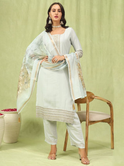 Grey Color Viscose Roman Silk Fabric Designer Embroidery Work Sophisticated Girlie Salwar Kameez