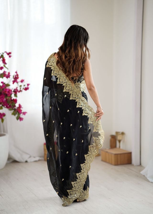 Black Color Fendy Chiffon Fabric Beautiful Embroidered Saree