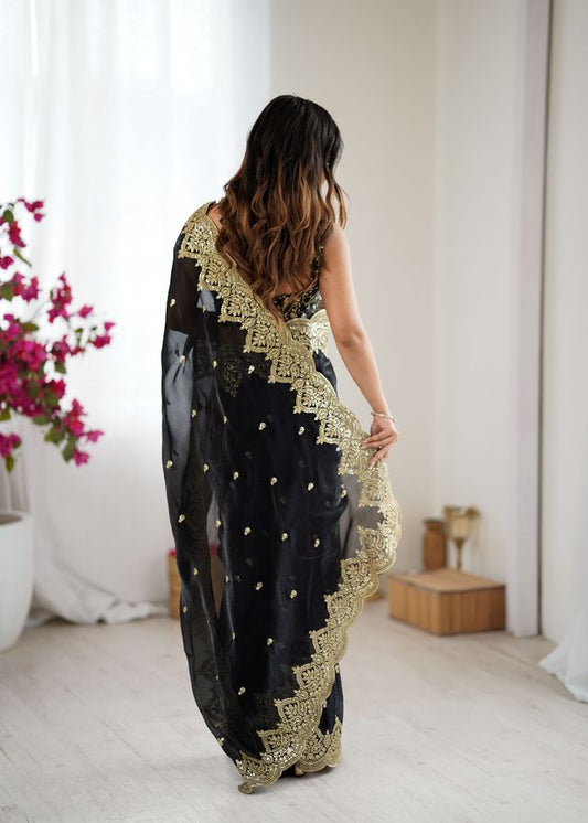 Black Color Fendy Chiffon Fabric Beautiful Embroidered Saree