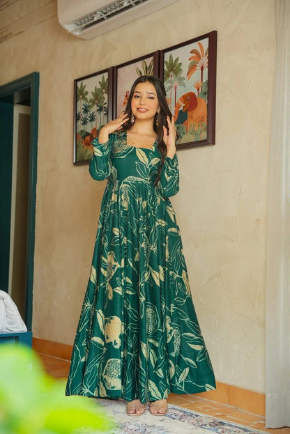 Festive wear gown collection  digital printed work Rama And Gold
