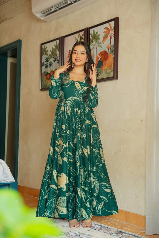 Festive wear gown collection  digital printed work Rama And Gold