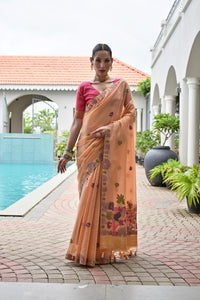 Peach Color Chanderi Cotton Fabric Weaving Reshan Flower Designer Ethnic Saree