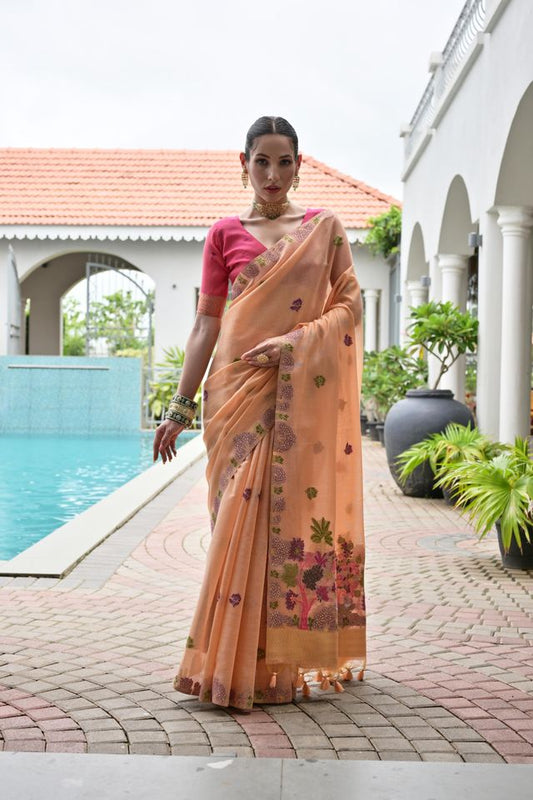 Peach Color Chanderi Cotton Fabric Weaving Reshan Flower Designer Ethnic Saree