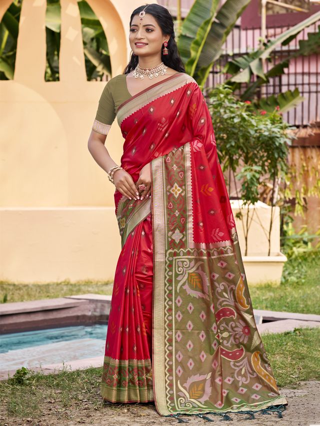 Red Color Pochampalli Silk Fabric Ethnic Woven Designer Partywear Saree
