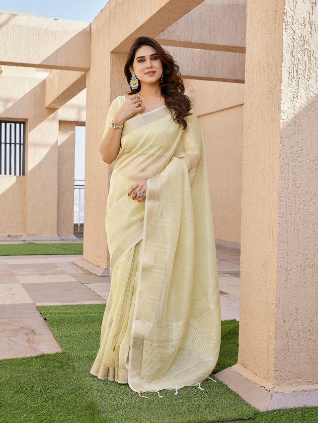 Yellow Color Tissue Linen Silk Fabric Weaving Jari Lining Designer Saree