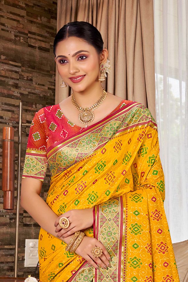 Yellow Color Ethnic Patola Silk Fabric Beautiful Festive Saree