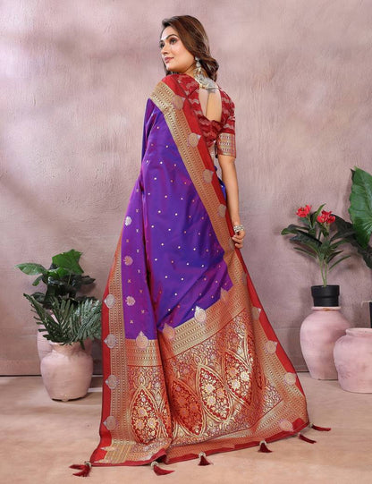 Violet Pure Handloom Kalamkari Silk With Zari Woven Design Saree With Blouse