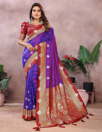 Violet Pure Handloom Kalamkari Silk With Zari Woven Design Saree With Blouse