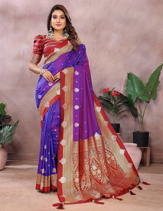 Violet Pure Handloom Kalamkari Silk With Zari Woven Design Saree With Blouse