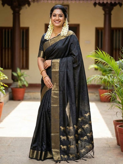 Black Color Soft Silk Fabric Woven Designer Saree For Ethnic Looks